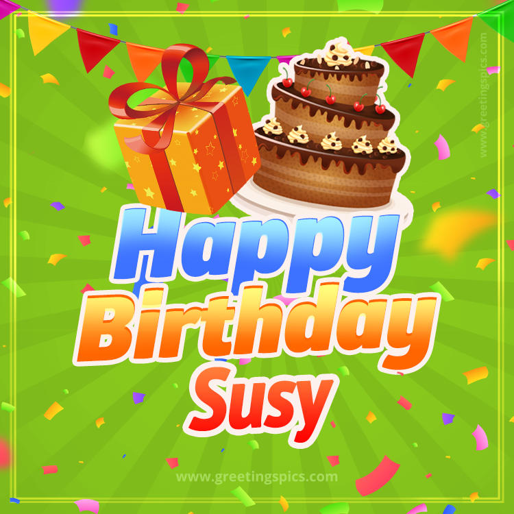 Happy Birthday Susy picture with flags, chocolate cake and gift box (square shape image)