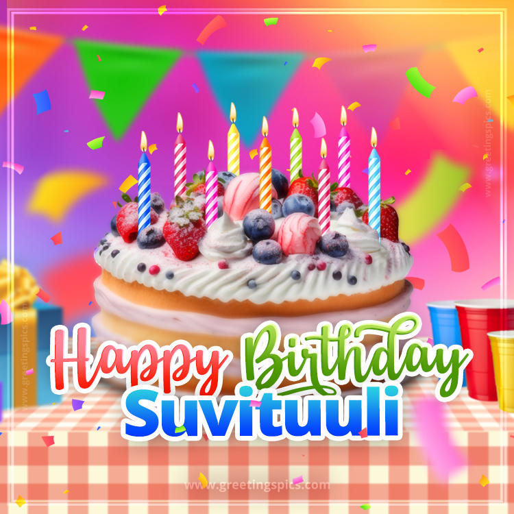 Happy Birthday Suvituuli Colorful Image with fruit cake and candles (square shape image)