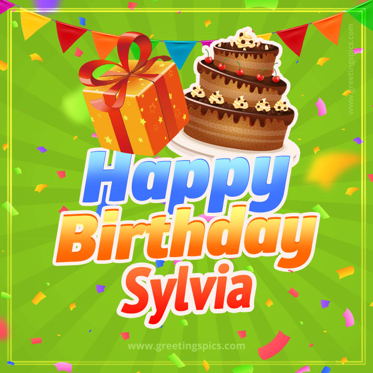 Happy Birthday Sylvia picture with flags, chocolate cake and gift box (square shape image)