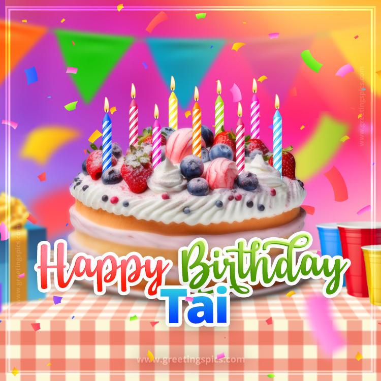 Happy Birthday Tai Colorful Image with fruit cake and candles (square shape image)