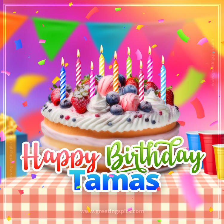 Happy Birthday Tamas Colorful Image with fruit cake and candles (square shape image)