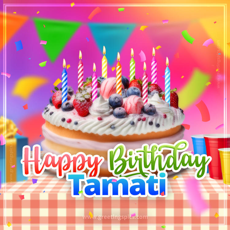 Happy Birthday Tamati Colorful Image with fruit cake and candles (square shape image)