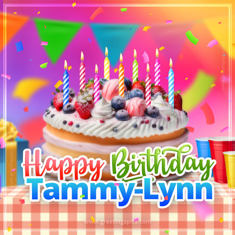 Happy Birthday Tammy-Lynn Colorful Image with fruit cake and candles (square shape image)