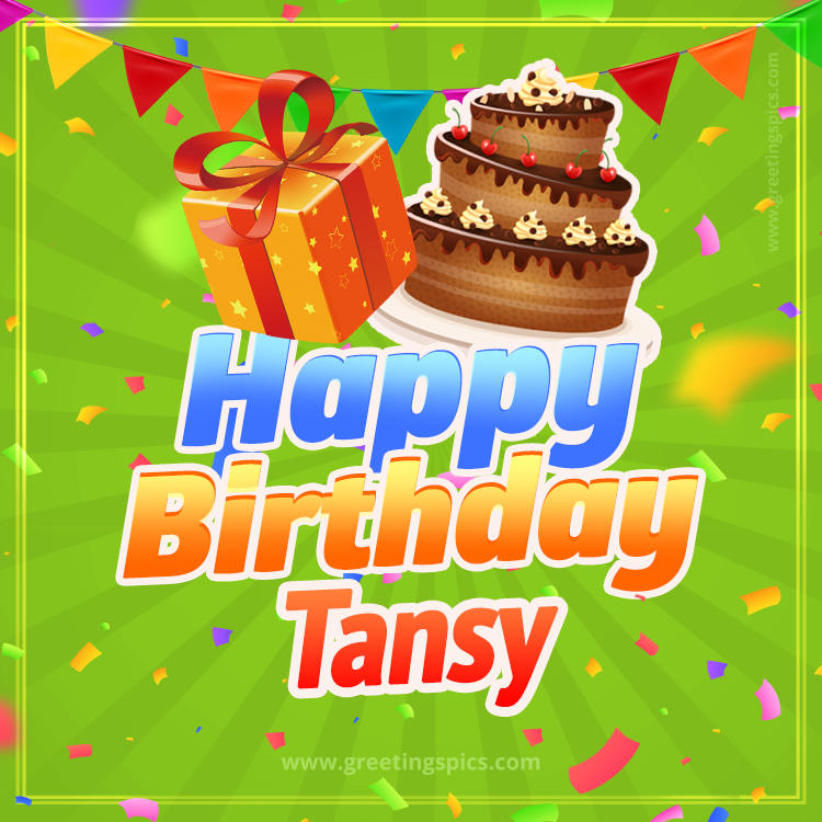 Happy Birthday Tansy picture with flags, chocolate cake and gift box (square shape image)