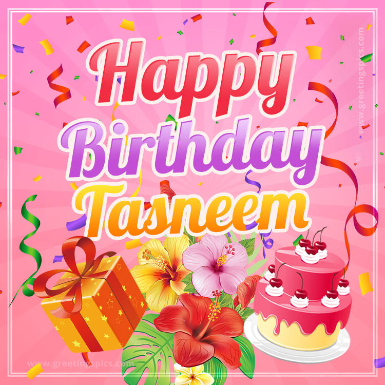 Beautiful Birthday Card for Tasneem with Cake and bouquet of flowers (square shape image)