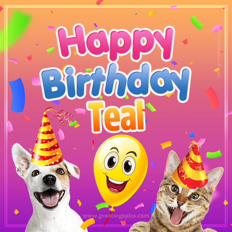 Happy Birthday Teal Funny Image with cat and dog (square shape image)