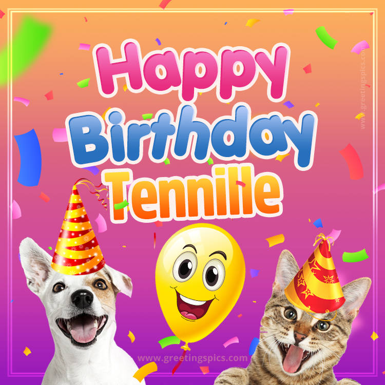 Happy Birthday Tennille Funny Image with cat and dog (square shape image)