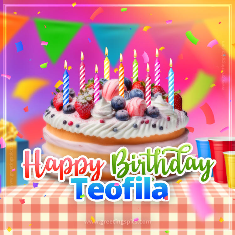 Happy Birthday Teofila Colorful Image with fruit cake and candles (square shape image)