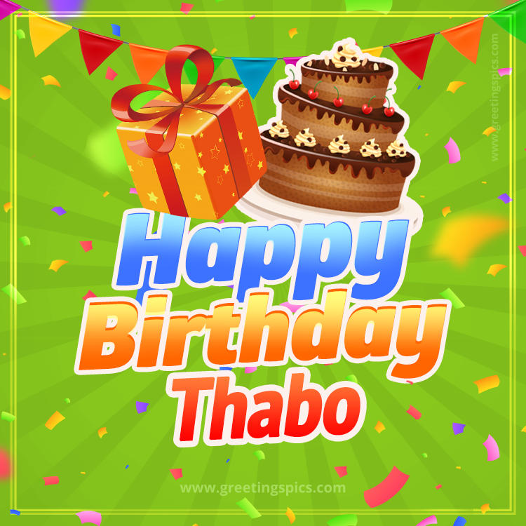 Happy Birthday Thabo picture with flags, chocolate cake and gift box (square shape image)