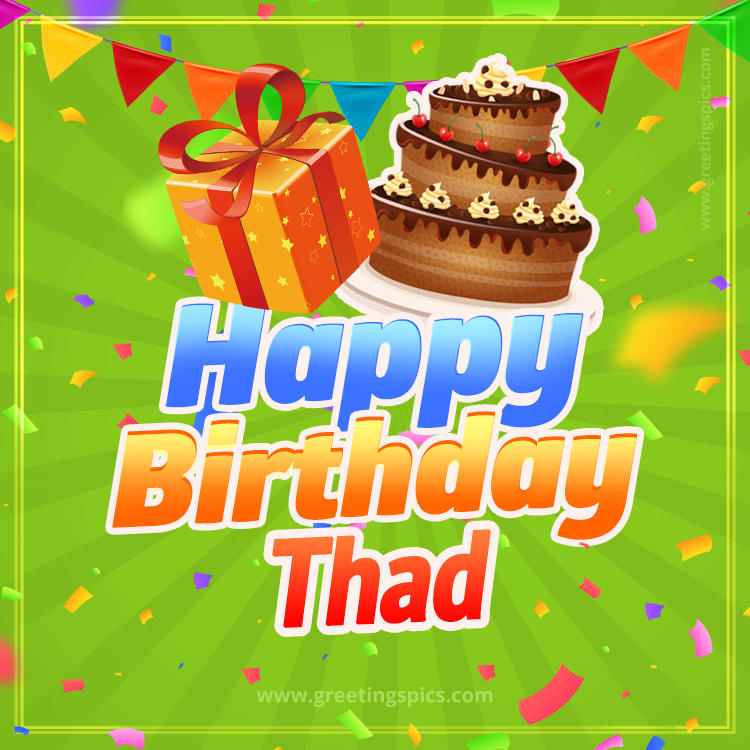 Happy Birthday Thad picture with flags, chocolate cake and gift box (square shape image)