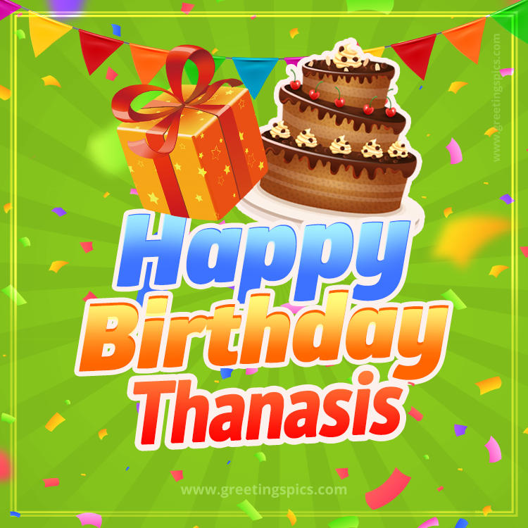 Happy Birthday Thanasis picture with flags, chocolate cake and gift box (square shape image)