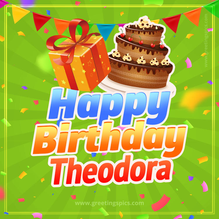 Happy Birthday Theodora picture with flags, chocolate cake and gift box (square shape image)