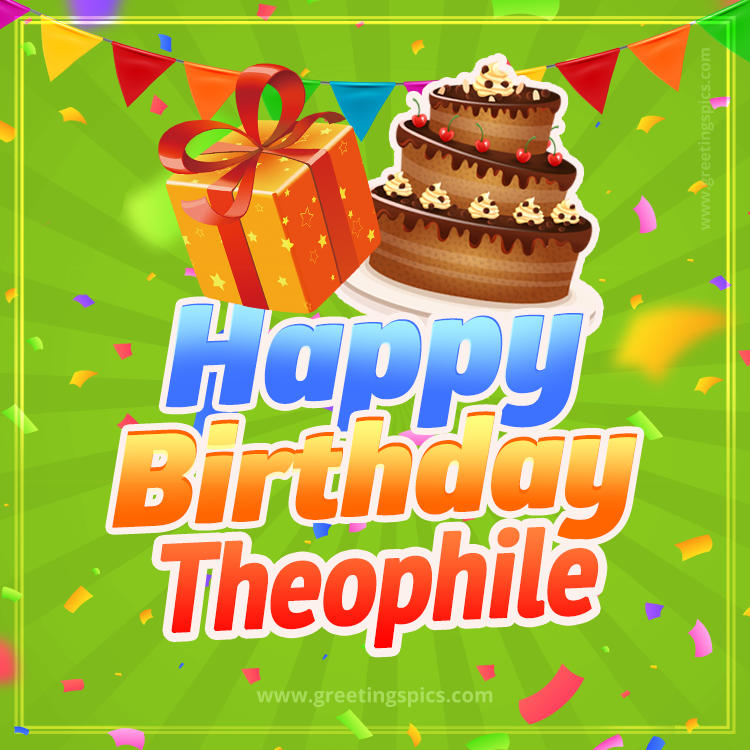 Happy Birthday Theophile picture with flags, chocolate cake and gift box (square shape image)