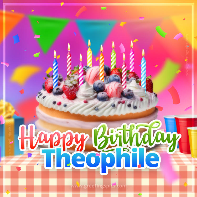 Happy Birthday Theophile Colorful Image with fruit cake and candles (square shape image)