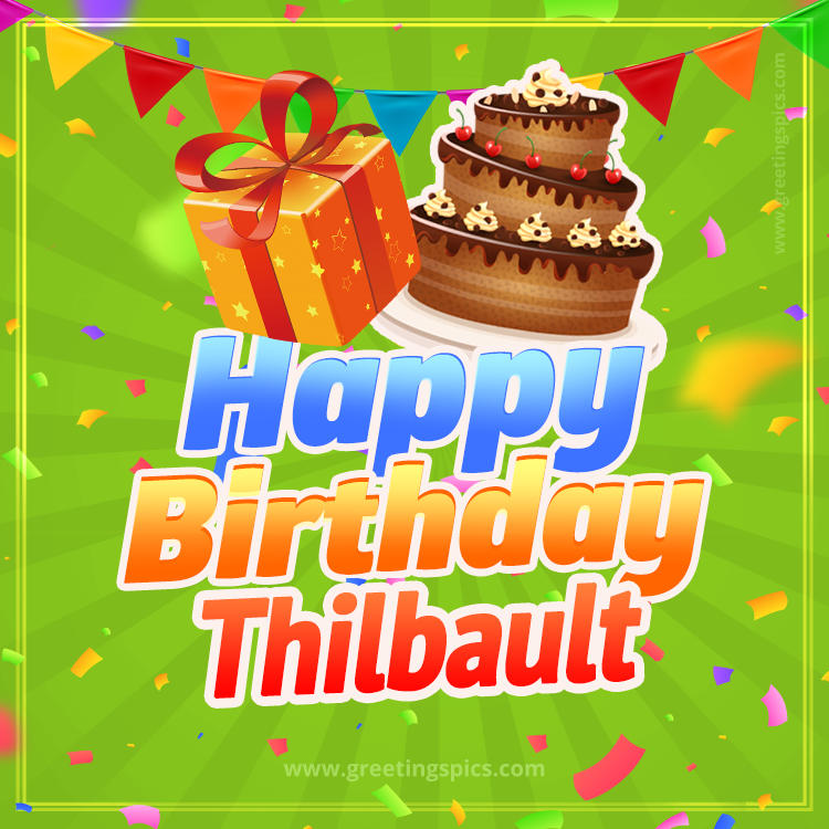 Happy Birthday Thilbault picture with flags, chocolate cake and gift box (square shape image)