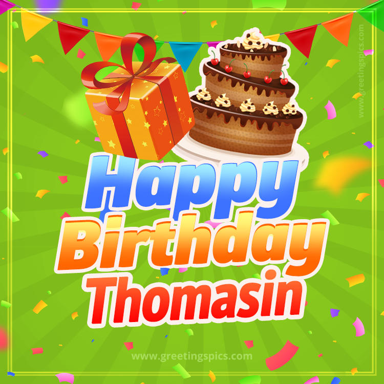 Happy Birthday Thomasin picture with flags, chocolate cake and gift box (square shape image)