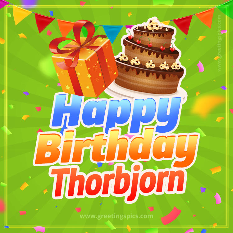 Happy Birthday Thorbjorn picture with flags, chocolate cake and gift box (square shape image)