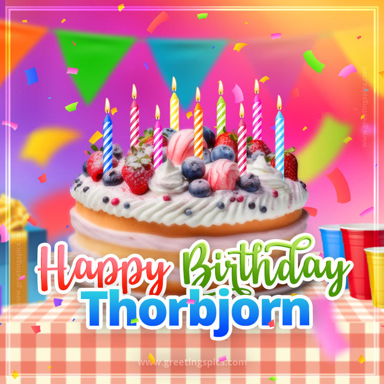 Happy Birthday Thorbjorn Colorful Image with fruit cake and candles (square shape image)