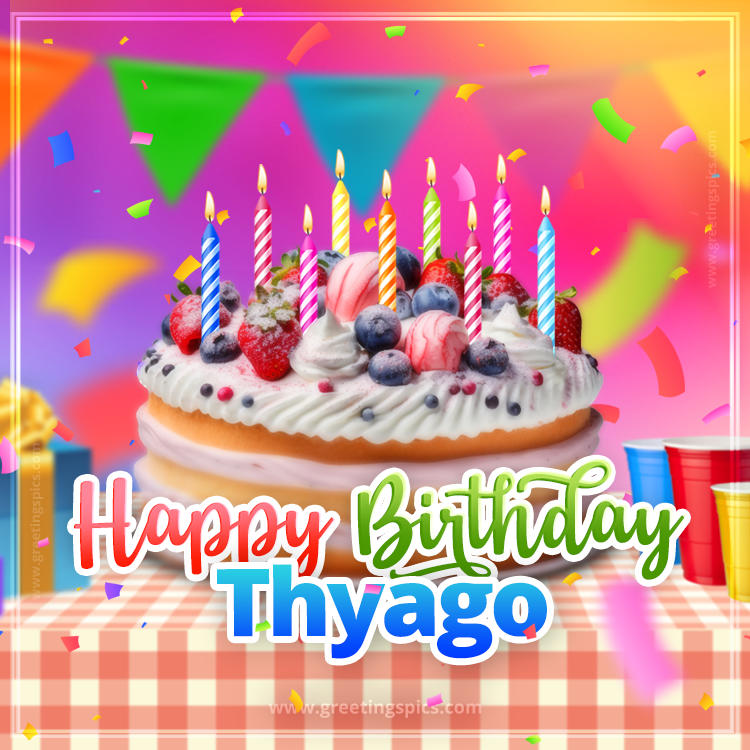 Happy Birthday Thyago Colorful Image with fruit cake and candles (square shape image)