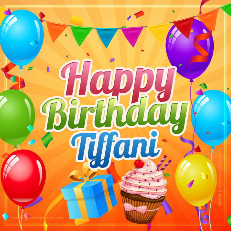 Happy Birthday Tiffani eCard with gift box and cupcake (square shape image)