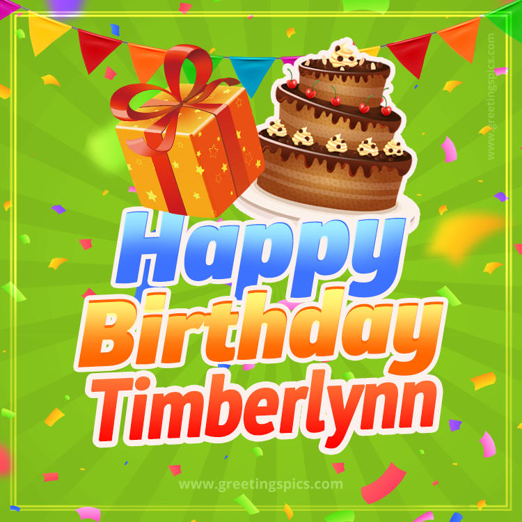 Happy Birthday Timberlynn picture with flags, chocolate cake and gift box (square shape image)