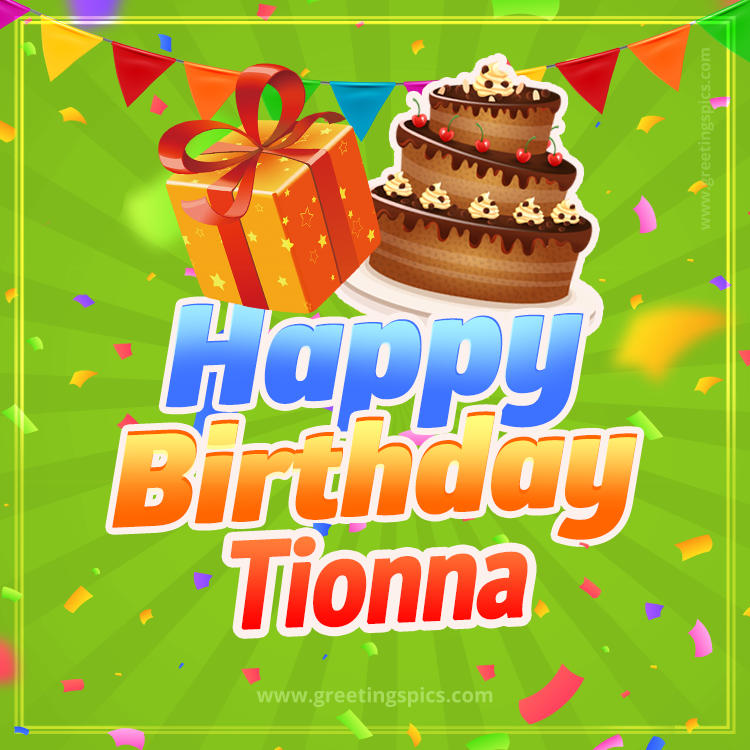 Happy Birthday Tionna picture with flags, chocolate cake and gift box (square shape image)