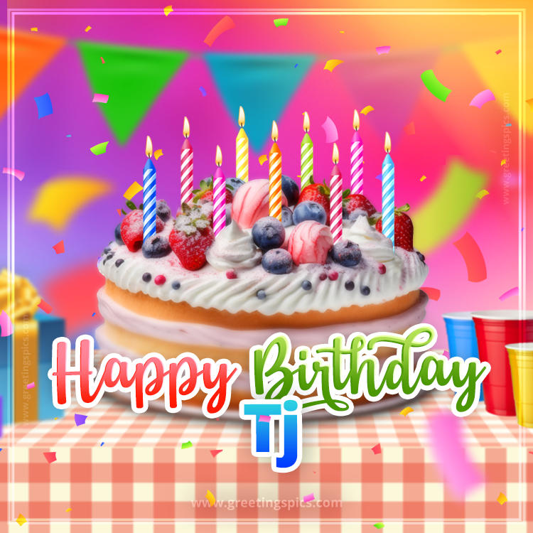 Happy Birthday Tj Colorful Image with fruit cake and candles (square shape image)