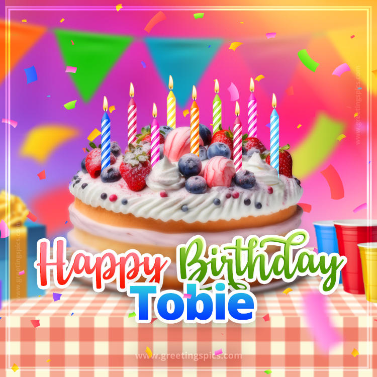 Happy Birthday Tobie Colorful Image with fruit cake and candles (square shape image)