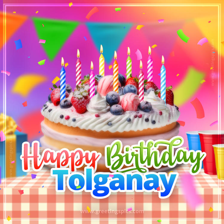 Happy Birthday Tolganay Colorful Image with fruit cake and candles (square shape image)