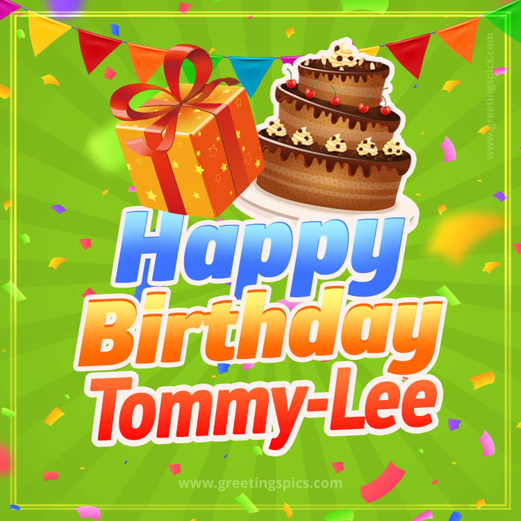 Happy Birthday Tommy-Lee picture with flags, chocolate cake and gift box (square shape image)