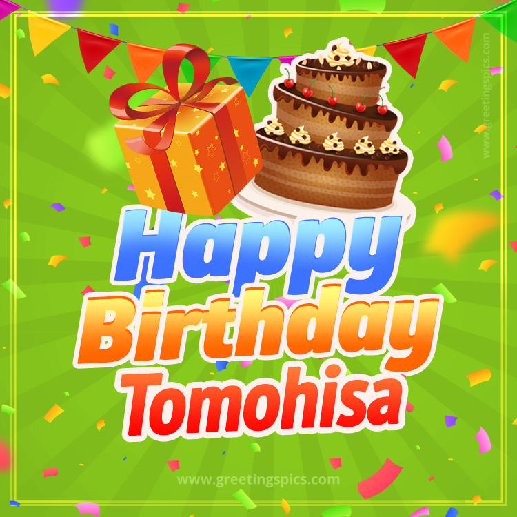 Happy Birthday Tomohisa picture with flags, chocolate cake and gift box (square shape image)