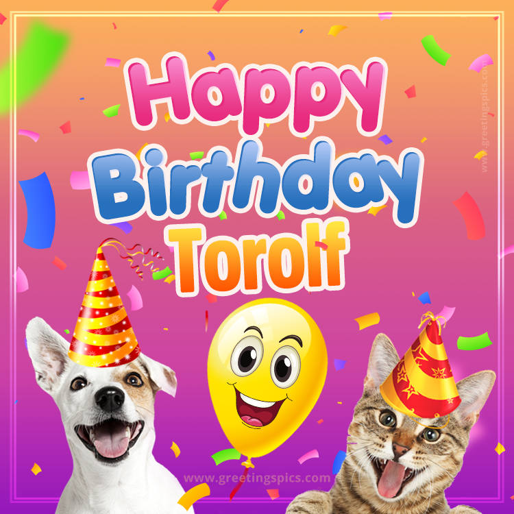 Happy Birthday Torolf Funny Image with cat and dog (square shape image)