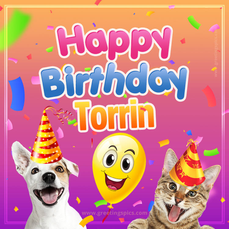 Happy Birthday Torrin Funny Image with cat and dog (square shape image)