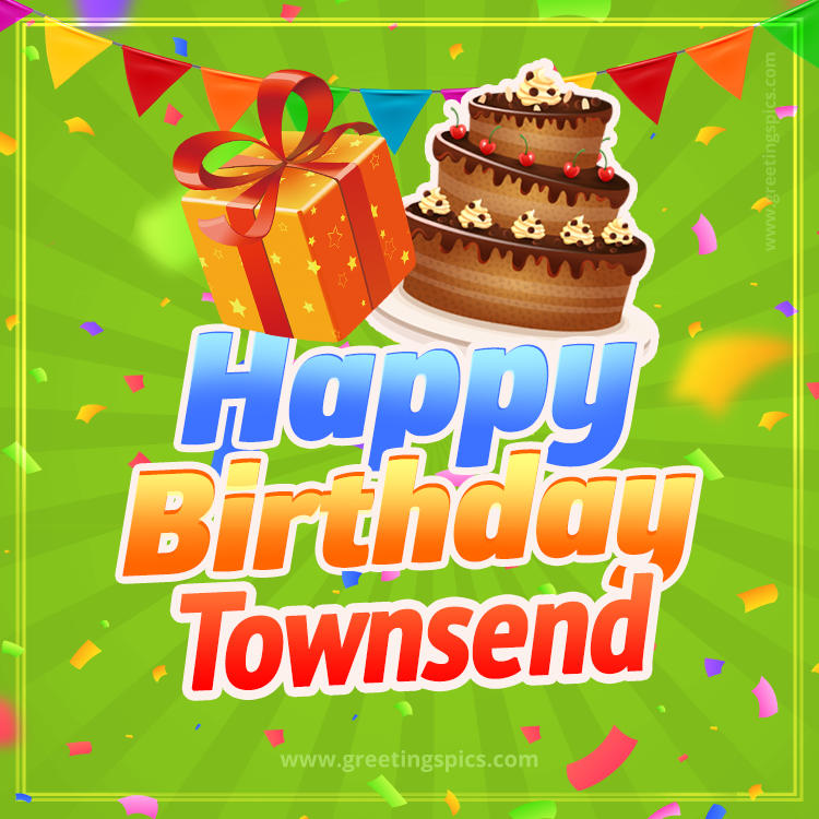 Happy Birthday Townsend picture with flags, chocolate cake and gift box (square shape image)