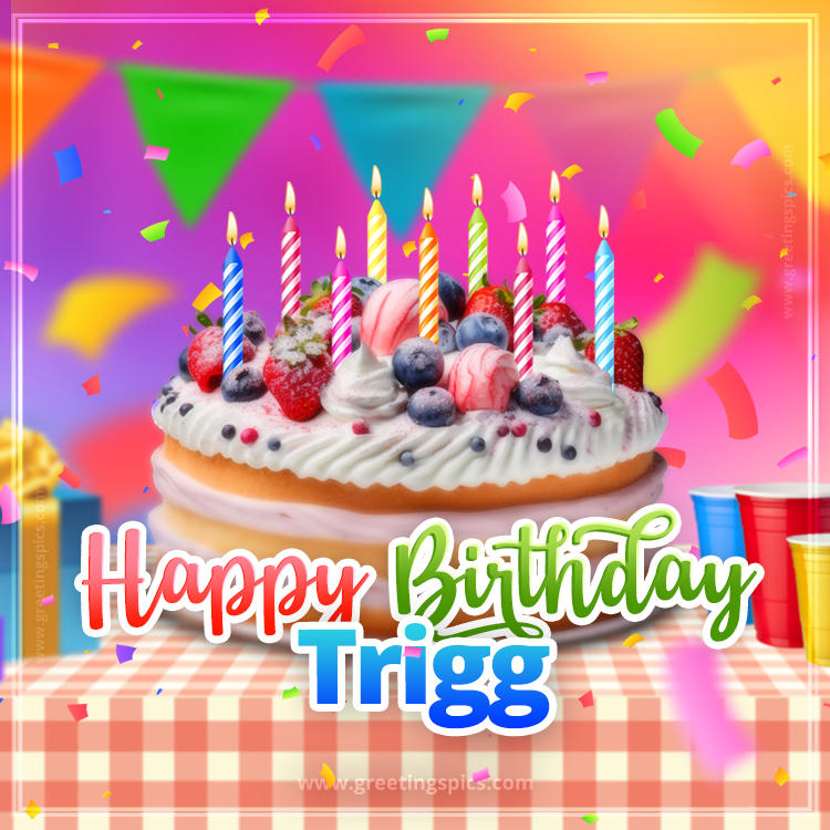 Happy Birthday Trigg Colorful Image with fruit cake and candles (square shape image)