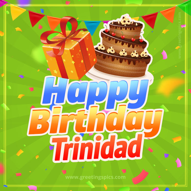 Happy Birthday Trinidad picture with flags, chocolate cake and gift box (square shape image)