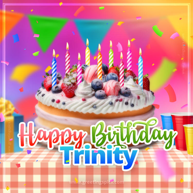 Happy Birthday Trinity Colorful Image with fruit cake and candles (square shape image)