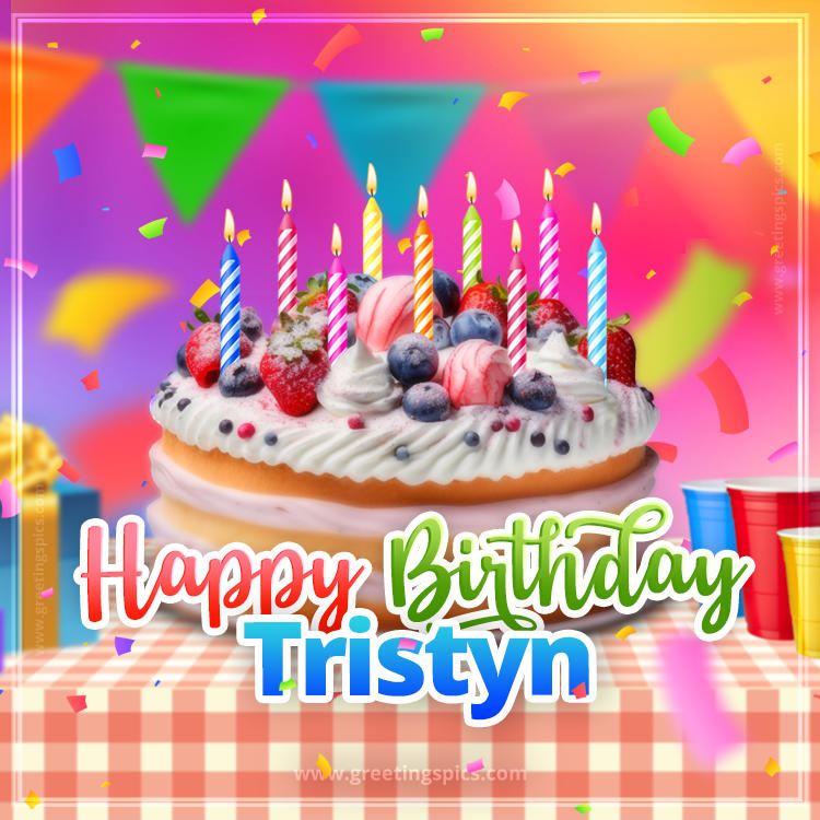 Happy Birthday Tristyn Colorful Image with fruit cake and candles (square shape image)