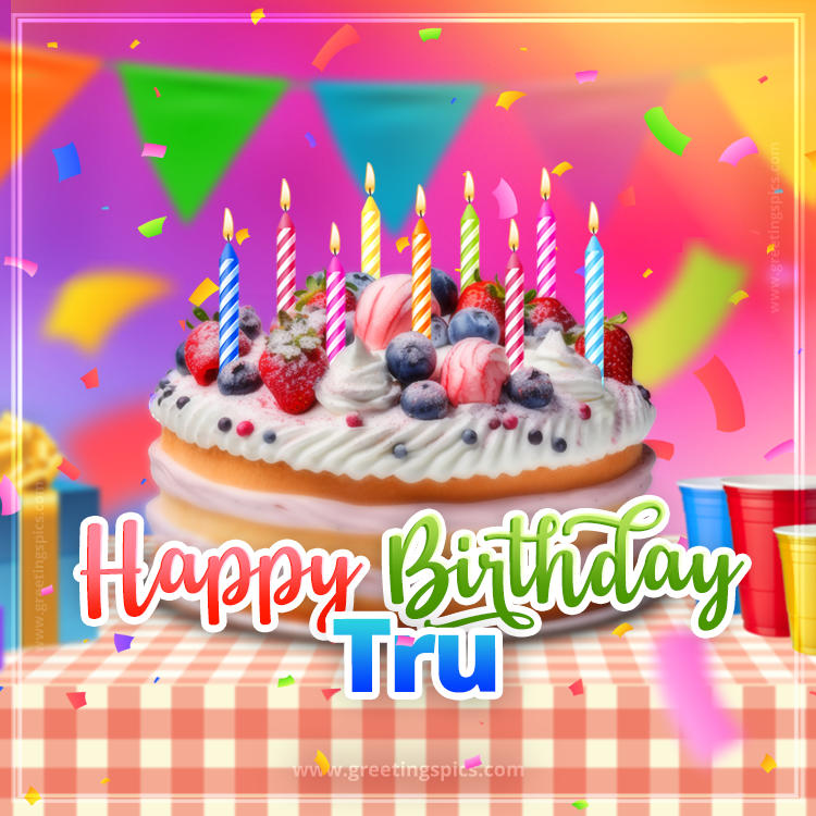 Happy Birthday Tru Colorful Image with fruit cake and candles (square shape image)