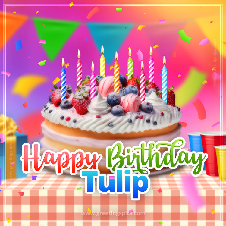 Happy Birthday Tulip Colorful Image with fruit cake and candles (square shape image)