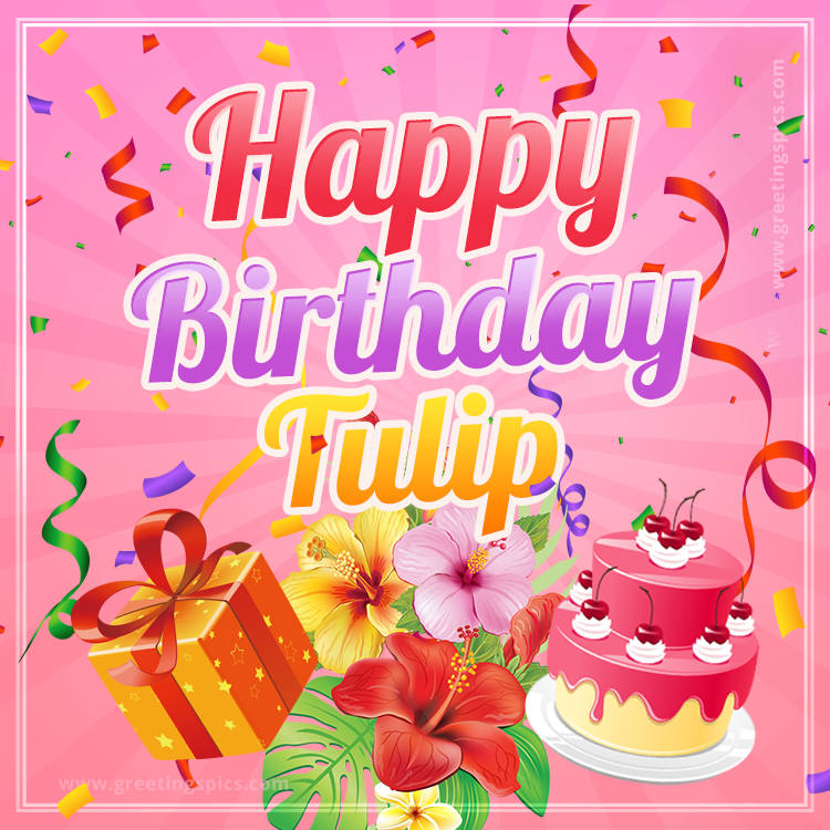 Beautiful Birthday Card for Tulip with Cake and bouquet of flowers (square shape image)