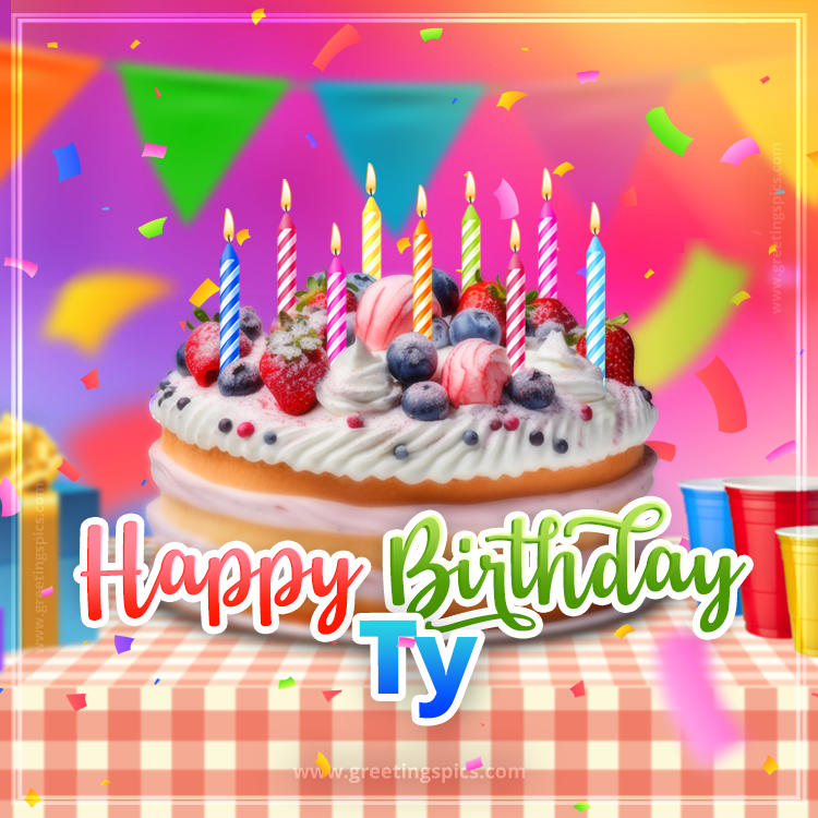 Happy Birthday Ty Colorful Image with fruit cake and candles (square shape image)