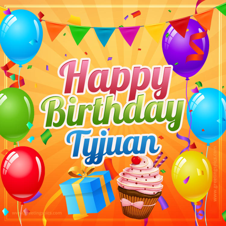 Happy Birthday Tyjuan eCard with gift box and cupcake (square shape image)