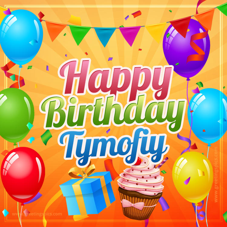 Happy Birthday Tymofiy eCard with gift box and cupcake (square shape image)