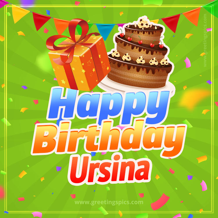 Happy Birthday Ursina picture with flags, chocolate cake and gift box (square shape image)