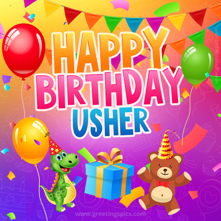 Happy Birthday Usher Image for a child with cute baby dinosaur and bear (square shape image)