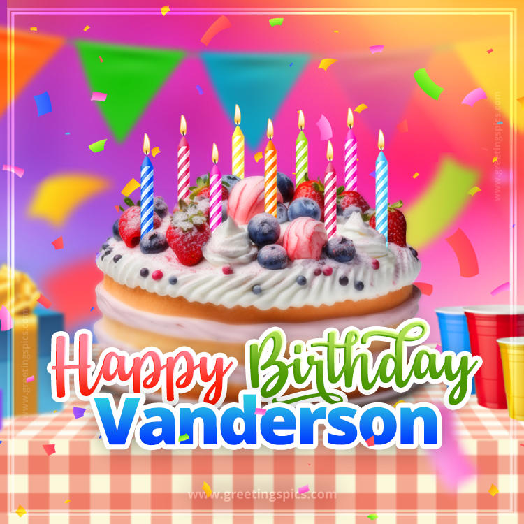 Happy Birthday Vanderson Colorful Image with fruit cake and candles (square shape image)
