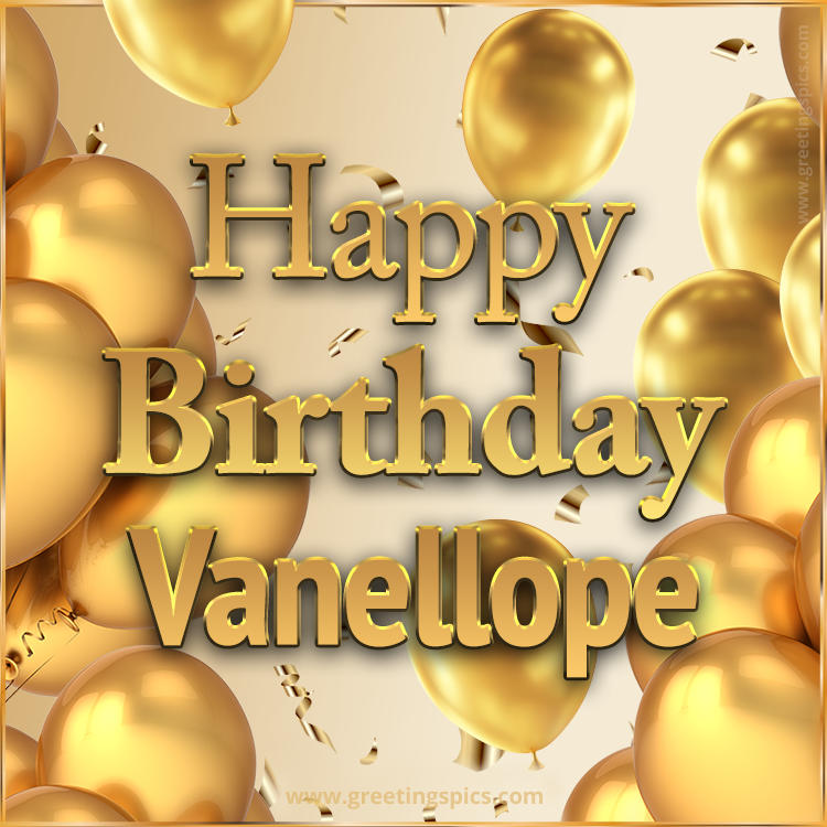 Happy Birthday Vanellope Card with golden confetti and balloons (square shape image)