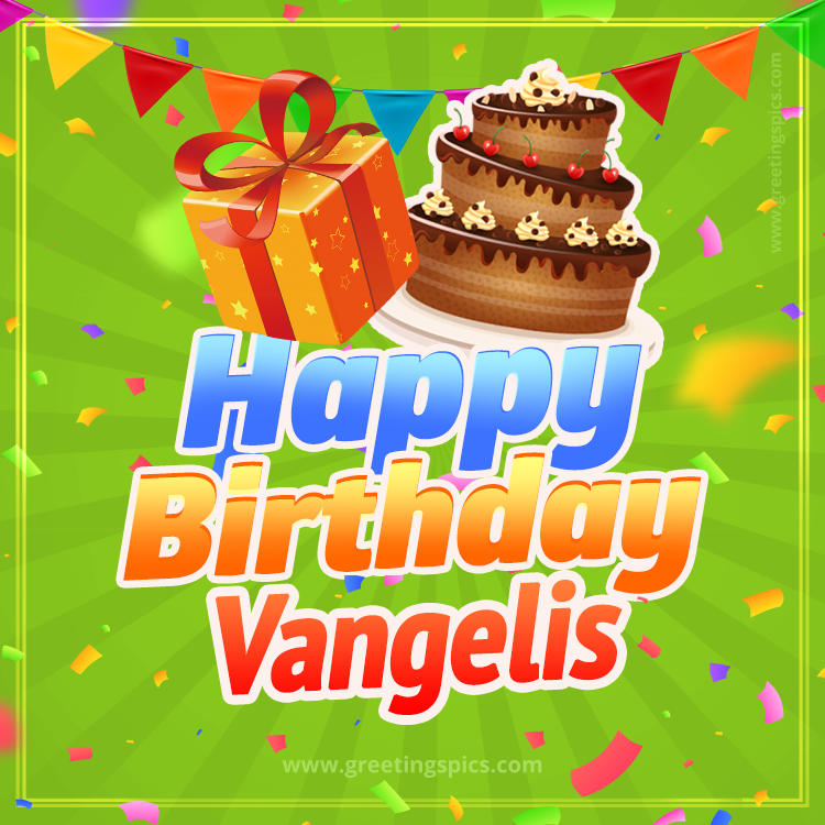 Happy Birthday Vangelis picture with flags, chocolate cake and gift box (square shape image)