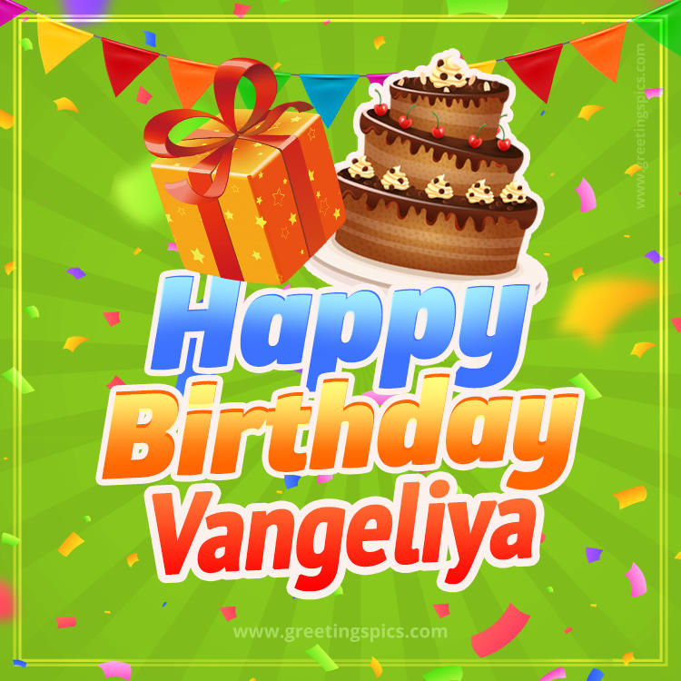 Happy Birthday Vangeliya picture with flags, chocolate cake and gift box (square shape image)